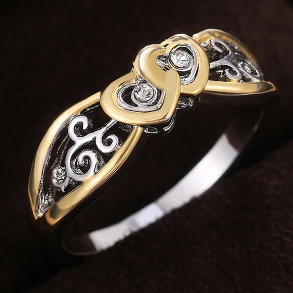 💝 Lovely Double Heart Carved Flower Two Color Plated Rings for Women, PD697 - Picture 1 of 10